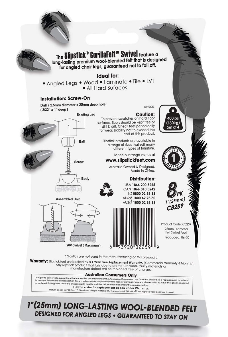 Slipstick GorillaFelt CB259 Swivel Glide Felt Floor Protectors (8 Chair Protectors) Screw On Felt Furniture Sliders for Angled Chair Legs, 1 Inch Round Glides - Image 4